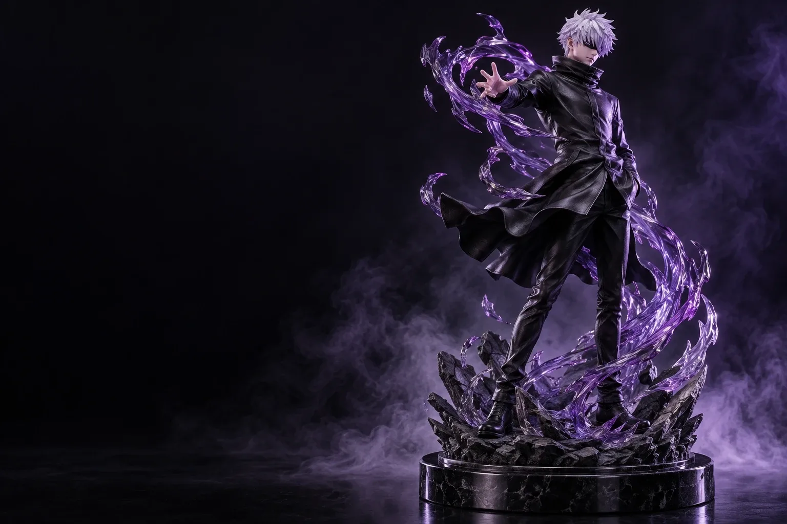 Studio concept of a white-haired collectible statue with purple energy
