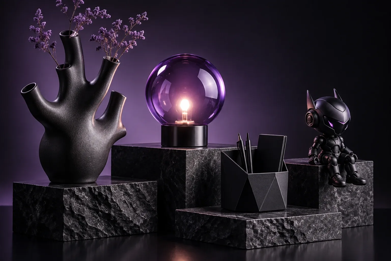 Sculptural vase, purple lamp and desk accessories in a photography studio